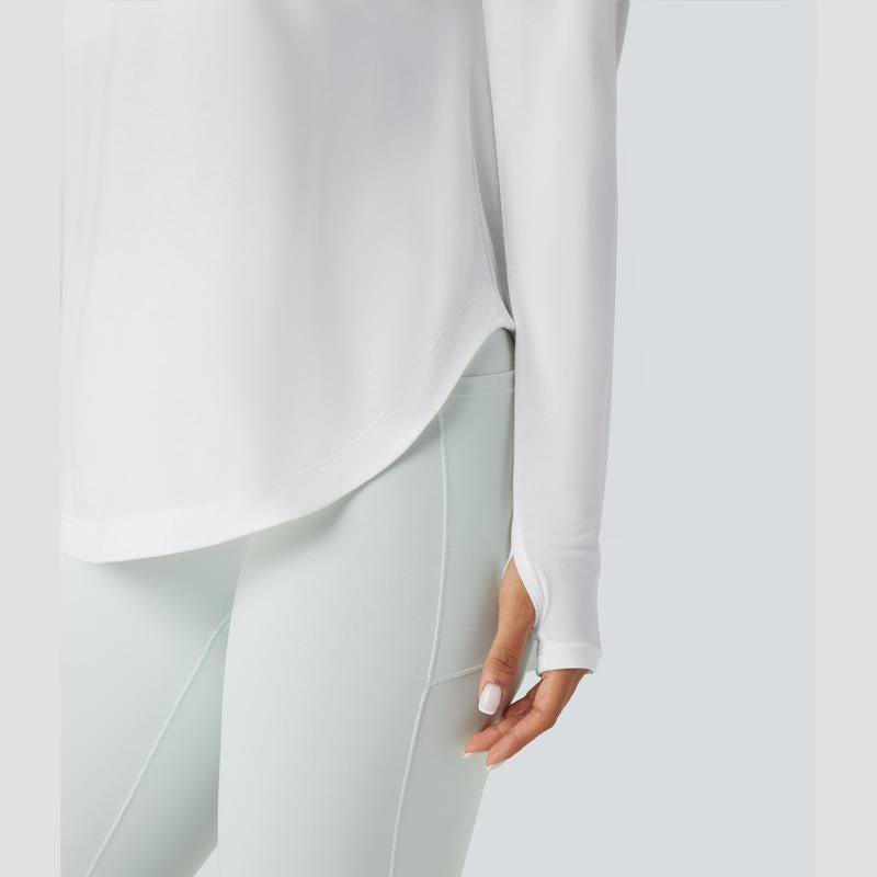 Halara One Shoulder Long Sleeve Thumb Hole Curved Hem High Low Quick Dry Yoga Sports Top-Built-In Bra